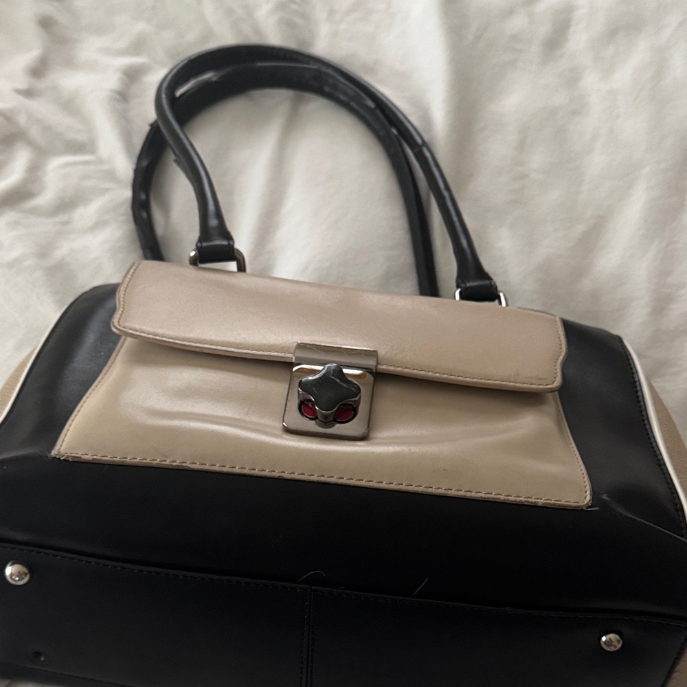Two-Tone Black and Beige Women's Shoulder Bag with Silver-Tone Clasp